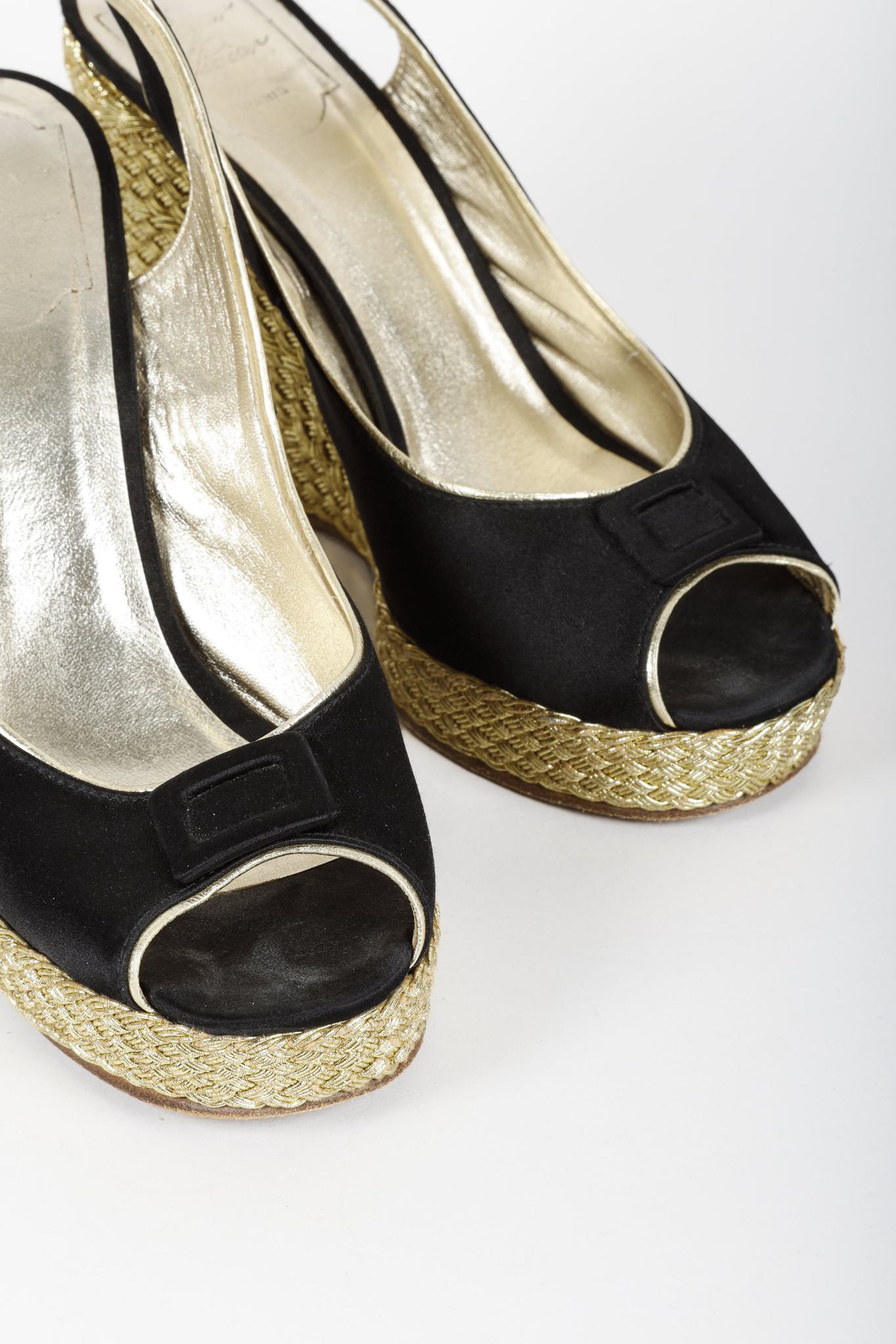 Roger Vivier Black Satin Peep Toe Slingback Wedges