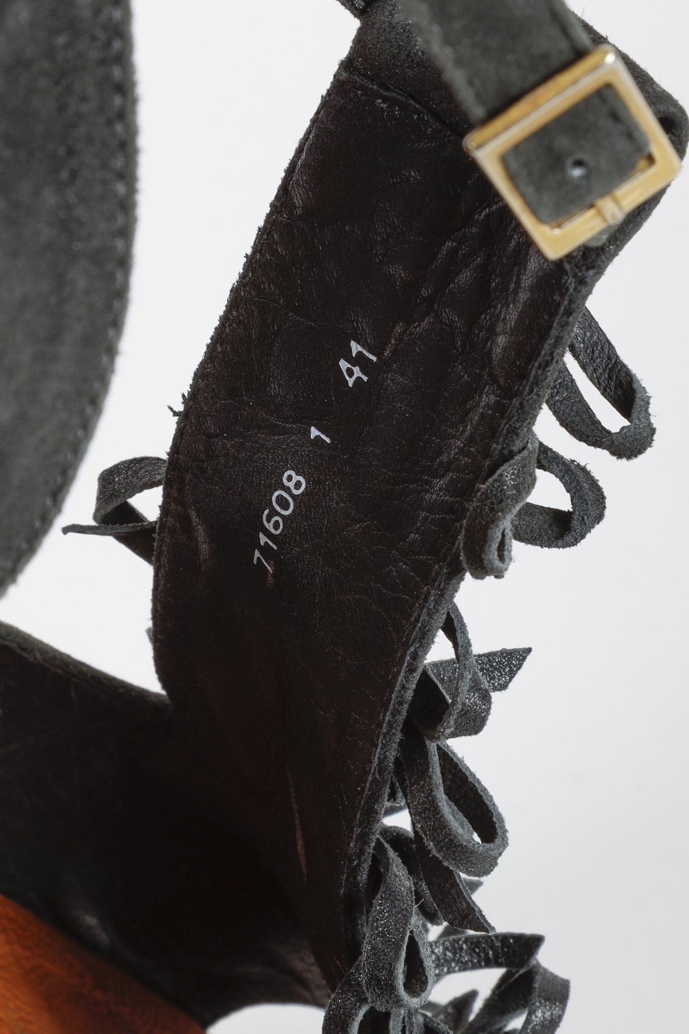 Chie Mihara Black Suede Fringe T-Strap Heels