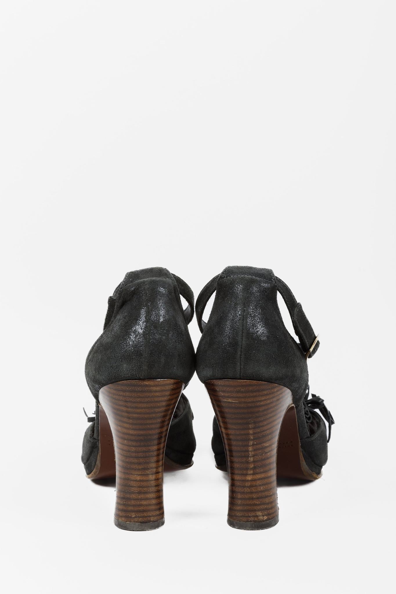 Chie Mihara Black Suede Fringe T-Strap Heels