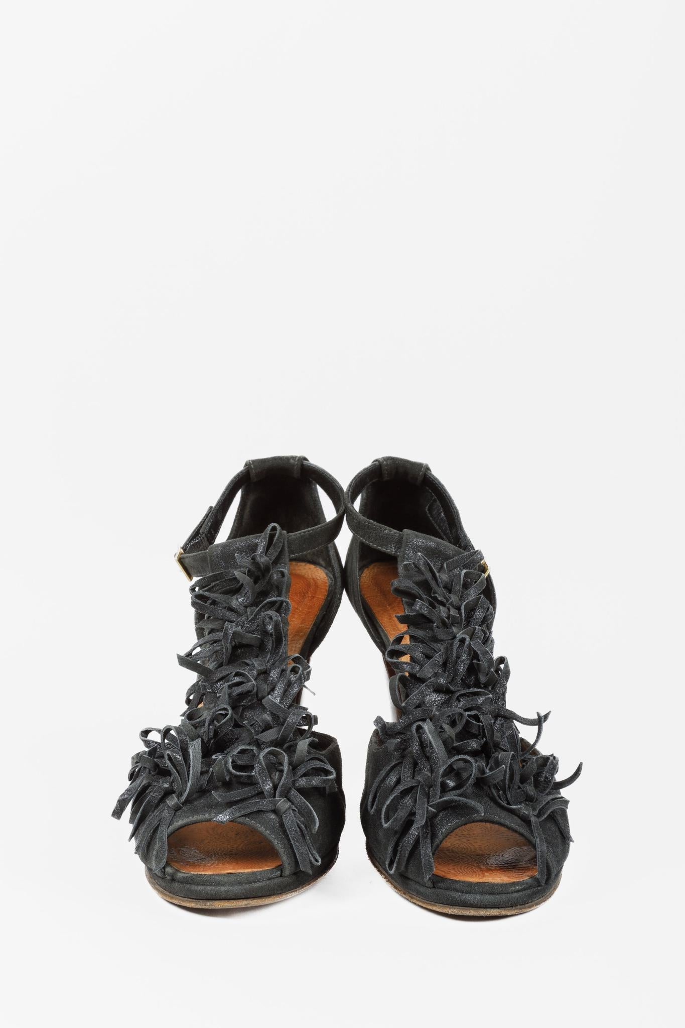 Chie Mihara Black Suede Fringe T-Strap Heels