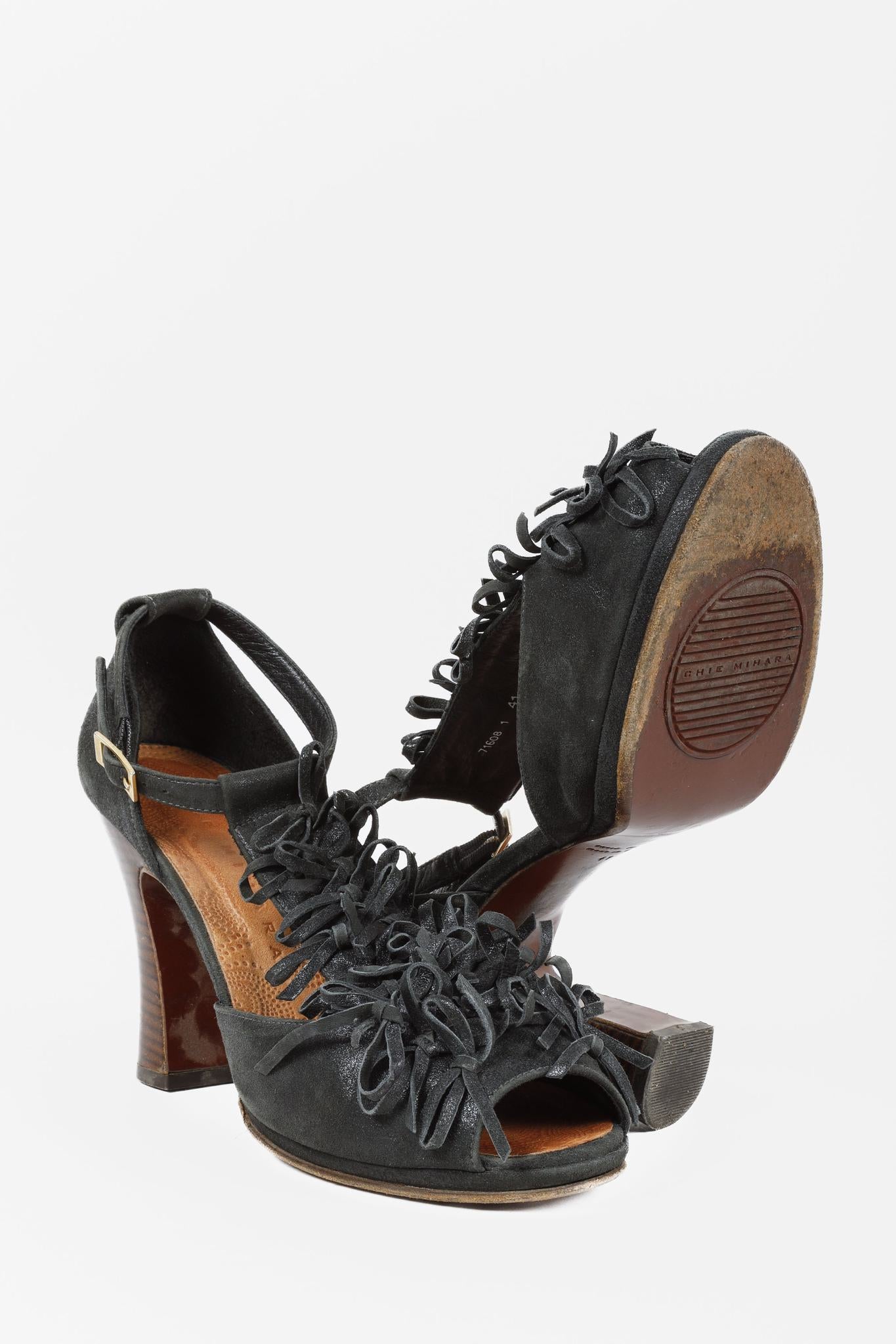 Chie Mihara Black Suede Fringe T-Strap Heels