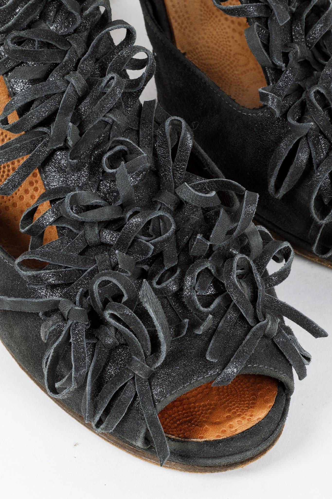 Chie Mihara Black Suede Fringe T-Strap Heels