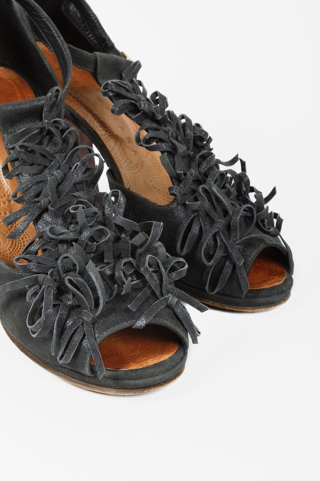 Chie Mihara Black Suede Fringe T-Strap Heels