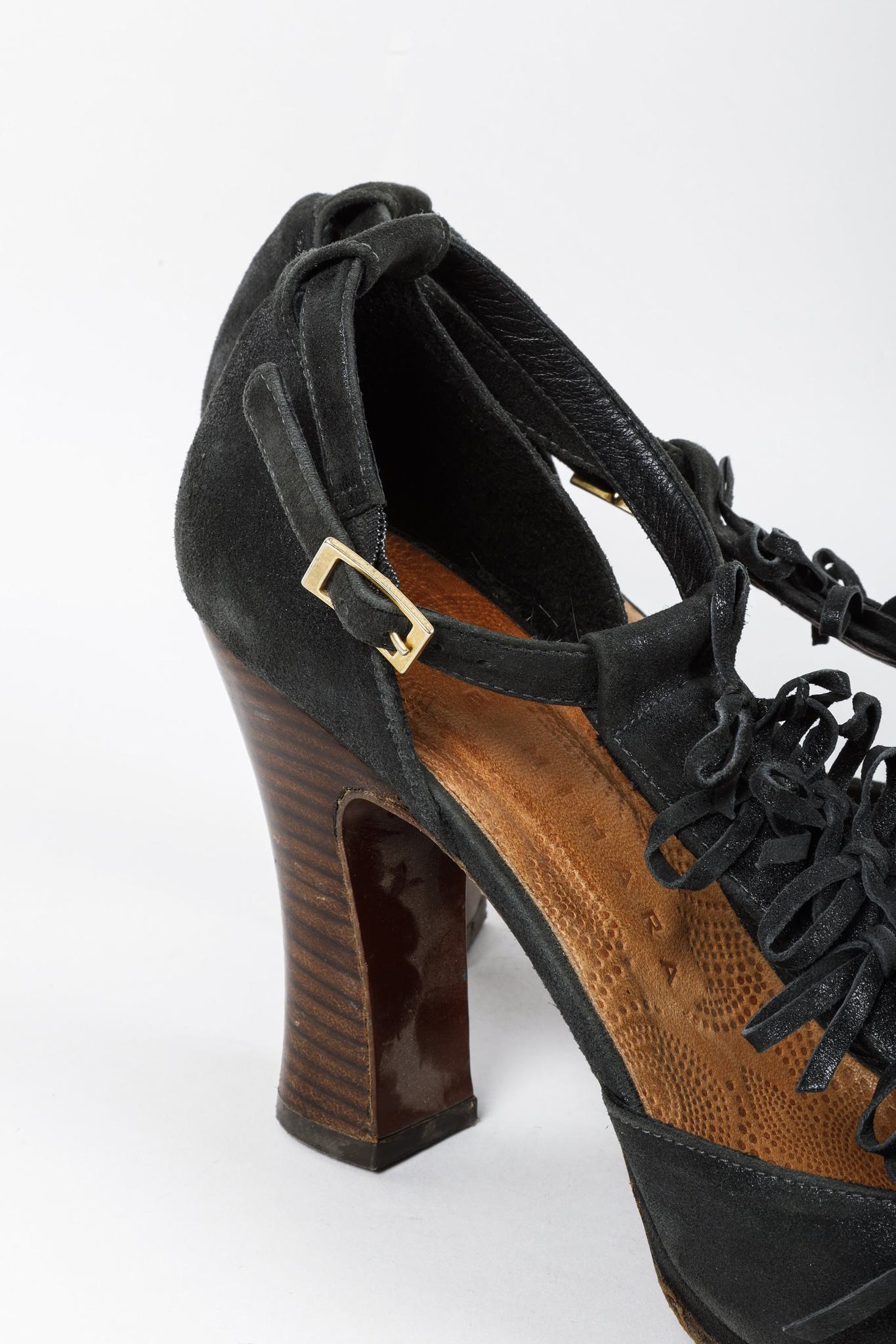 Chie Mihara Black Suede Fringe T-Strap Heels