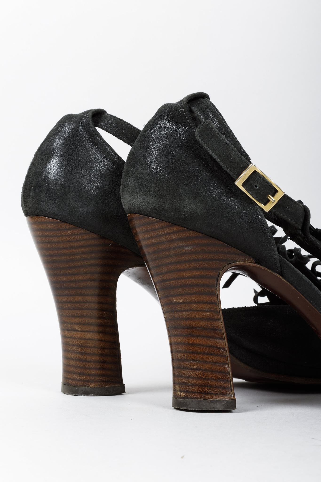 Chie Mihara Black Suede Fringe T-Strap Heels