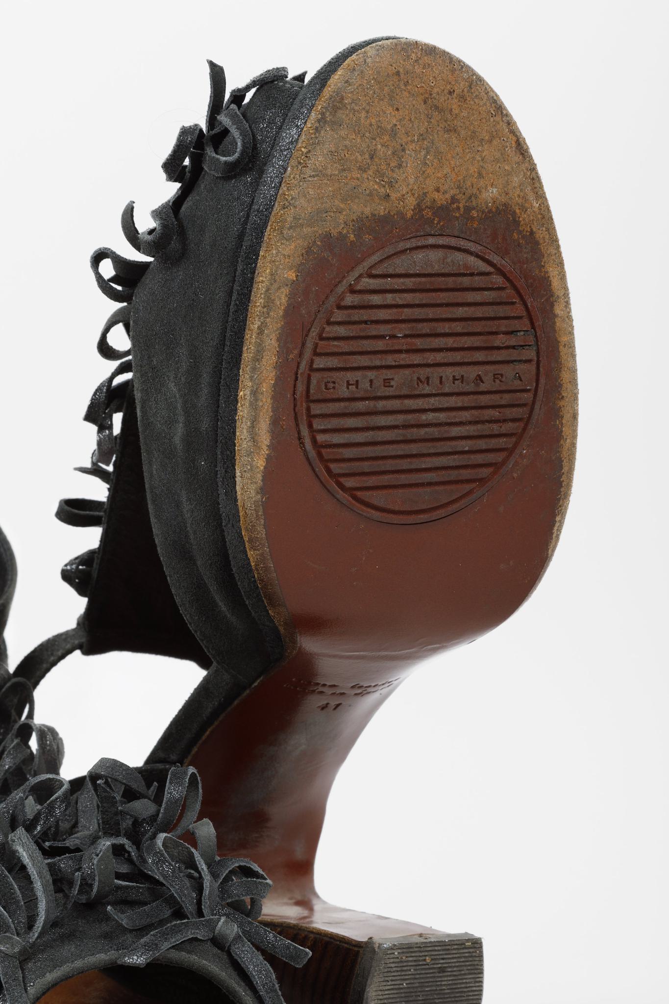 Chie Mihara Black Suede Fringe T-Strap Heels