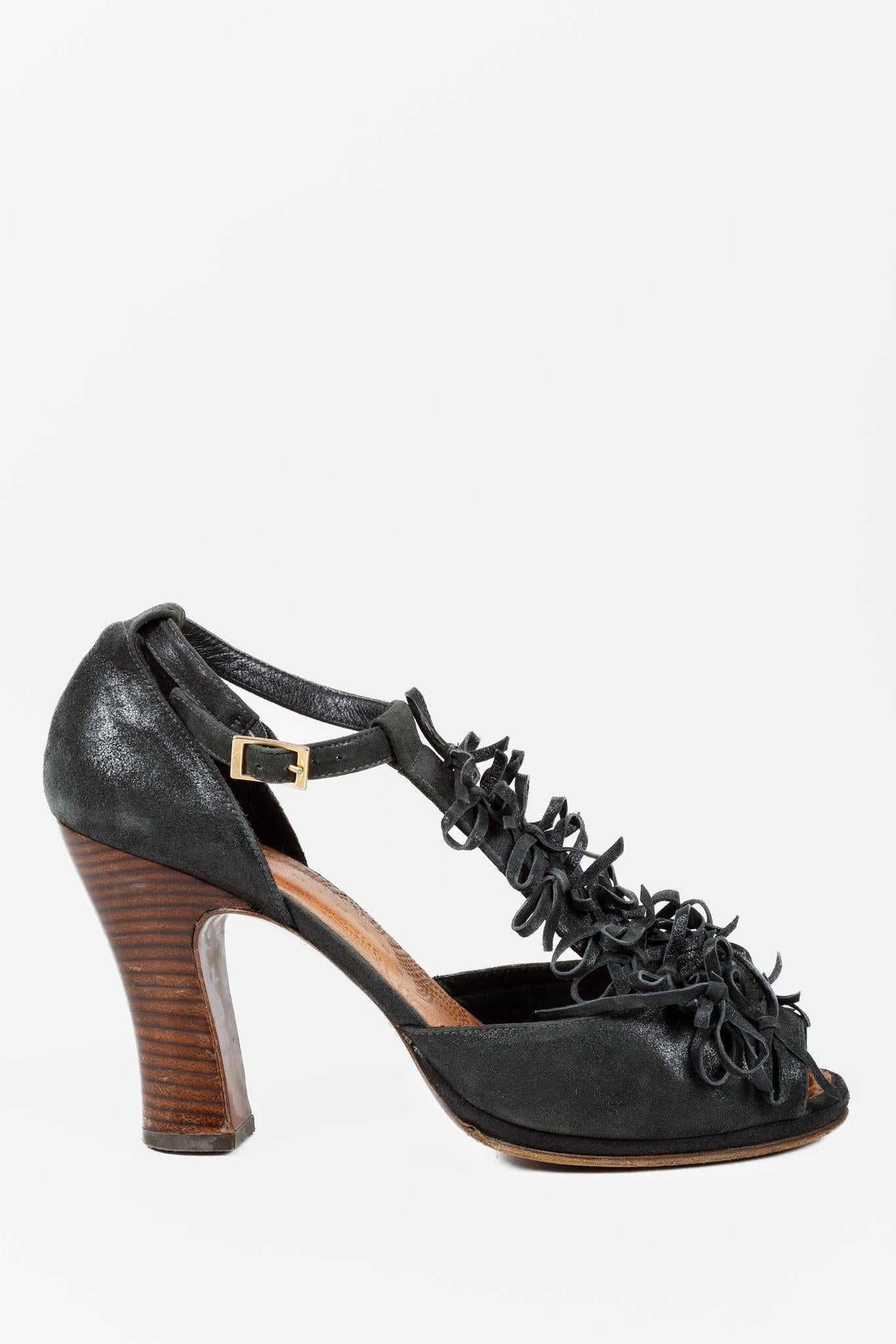 Chie Mihara Black Suede Fringe T-Strap Heels