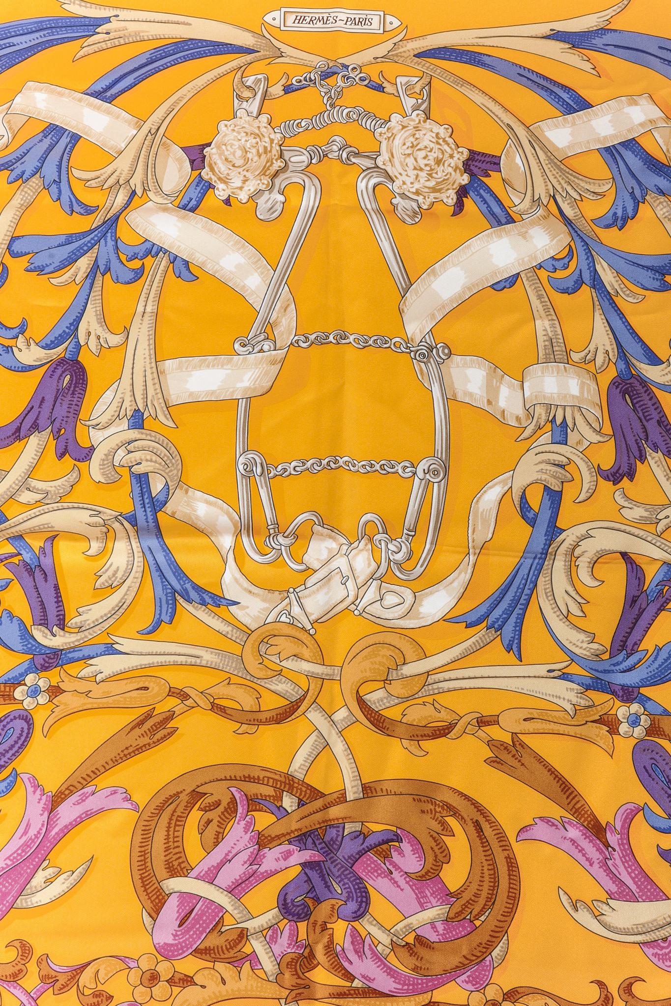 Hermès Le Mors A La Conetable Yellow Silk Scarf