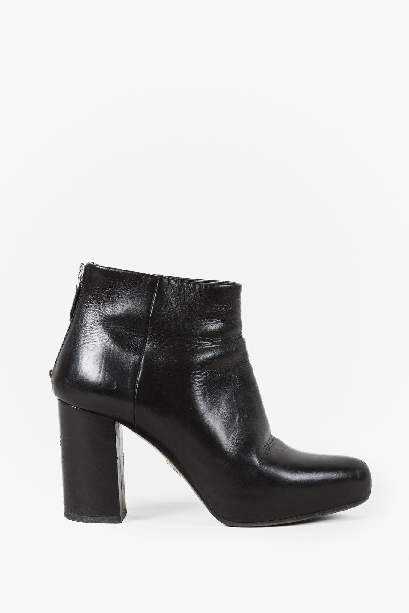 Prada Black Leather Block Heel Ankle Booties