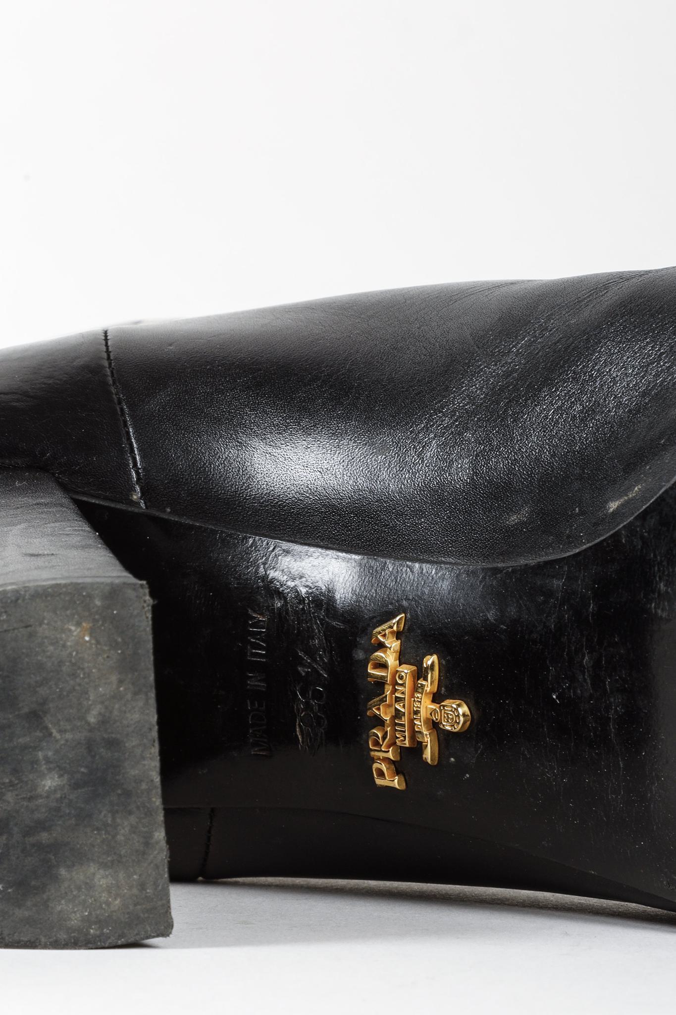 Prada Black Leather Block Heel Ankle Booties