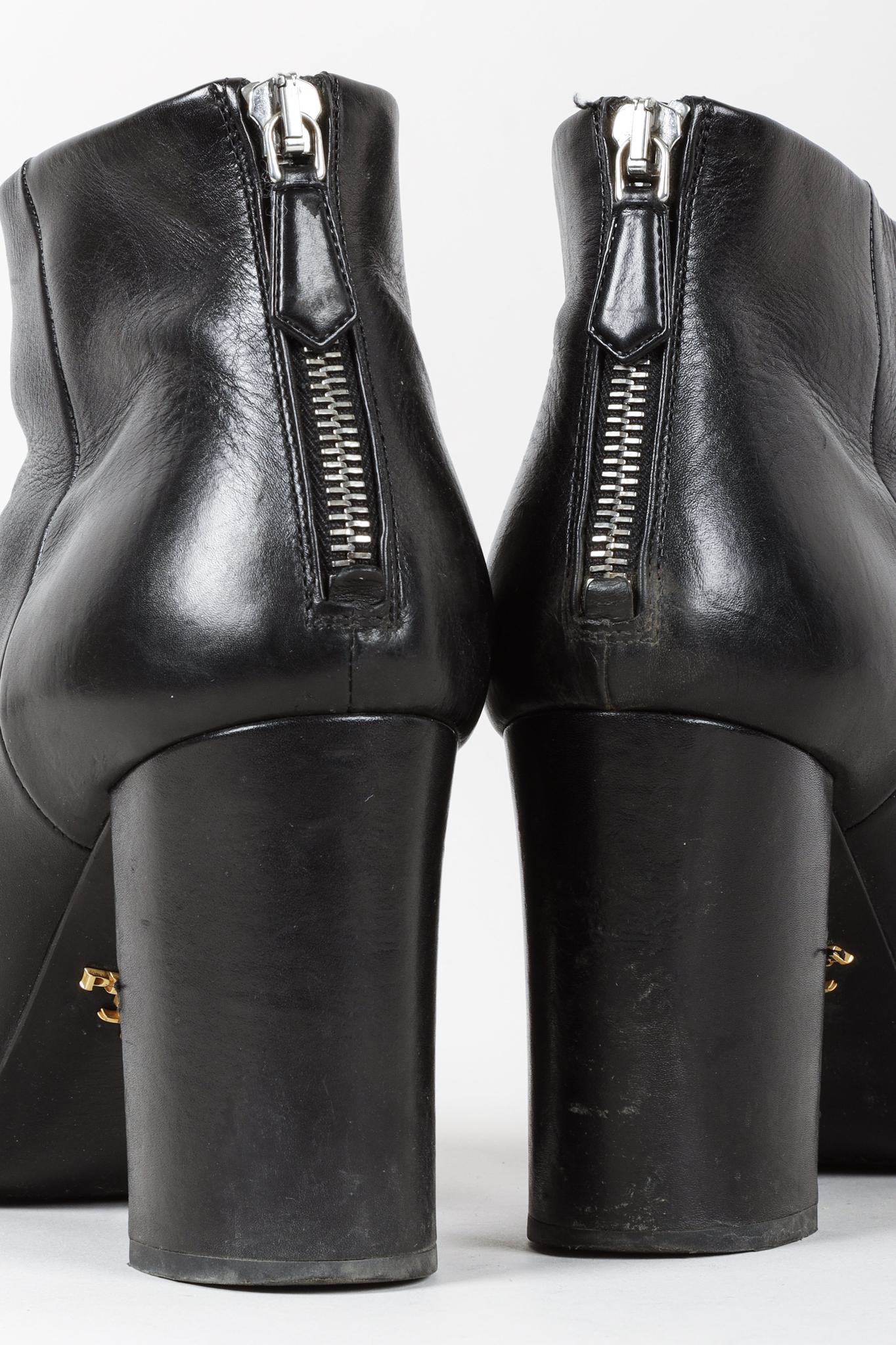 Prada Black Leather Block Heel Ankle Booties