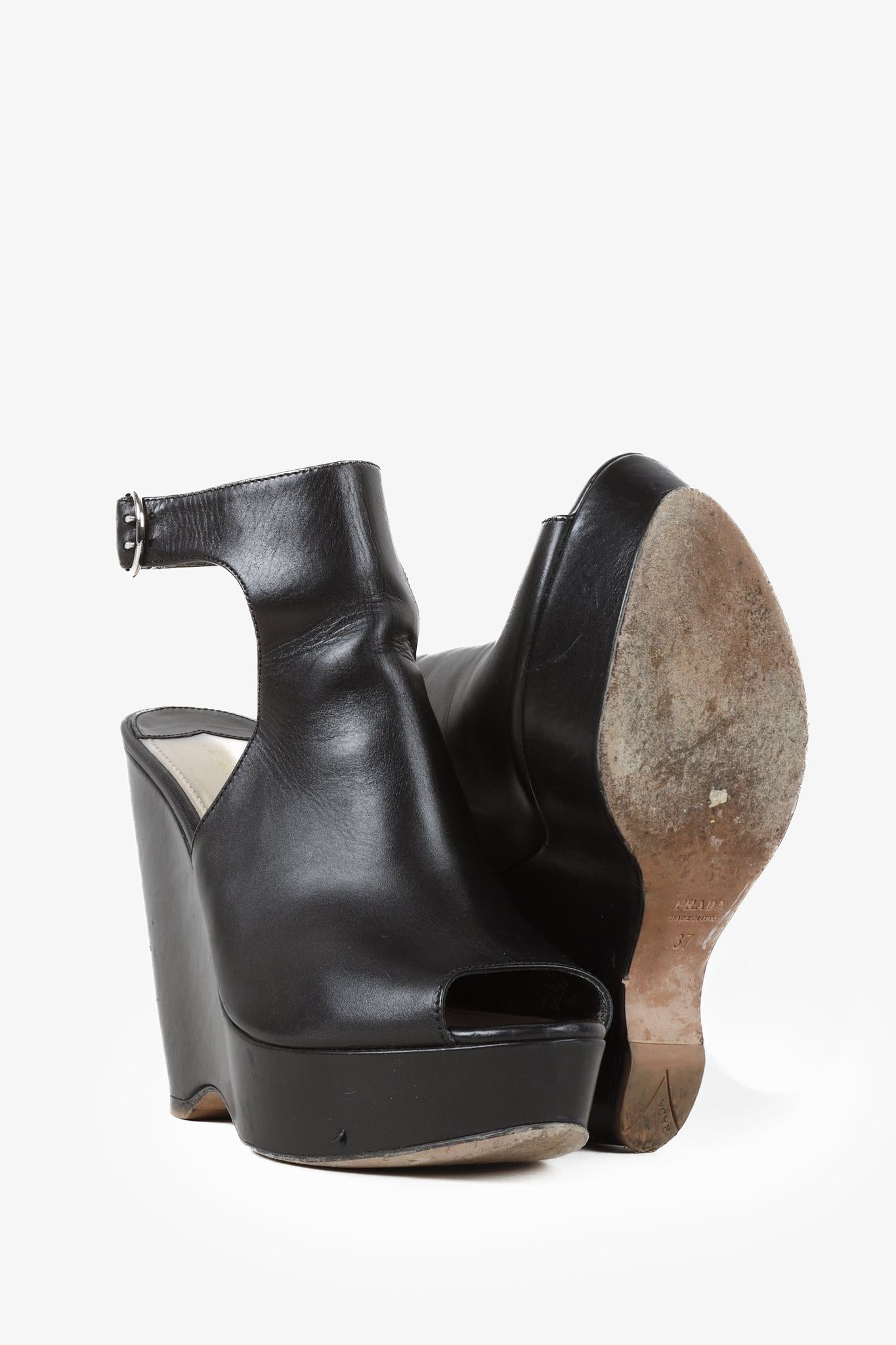 Prada Black Leather Peep-Toe Platform Sandals