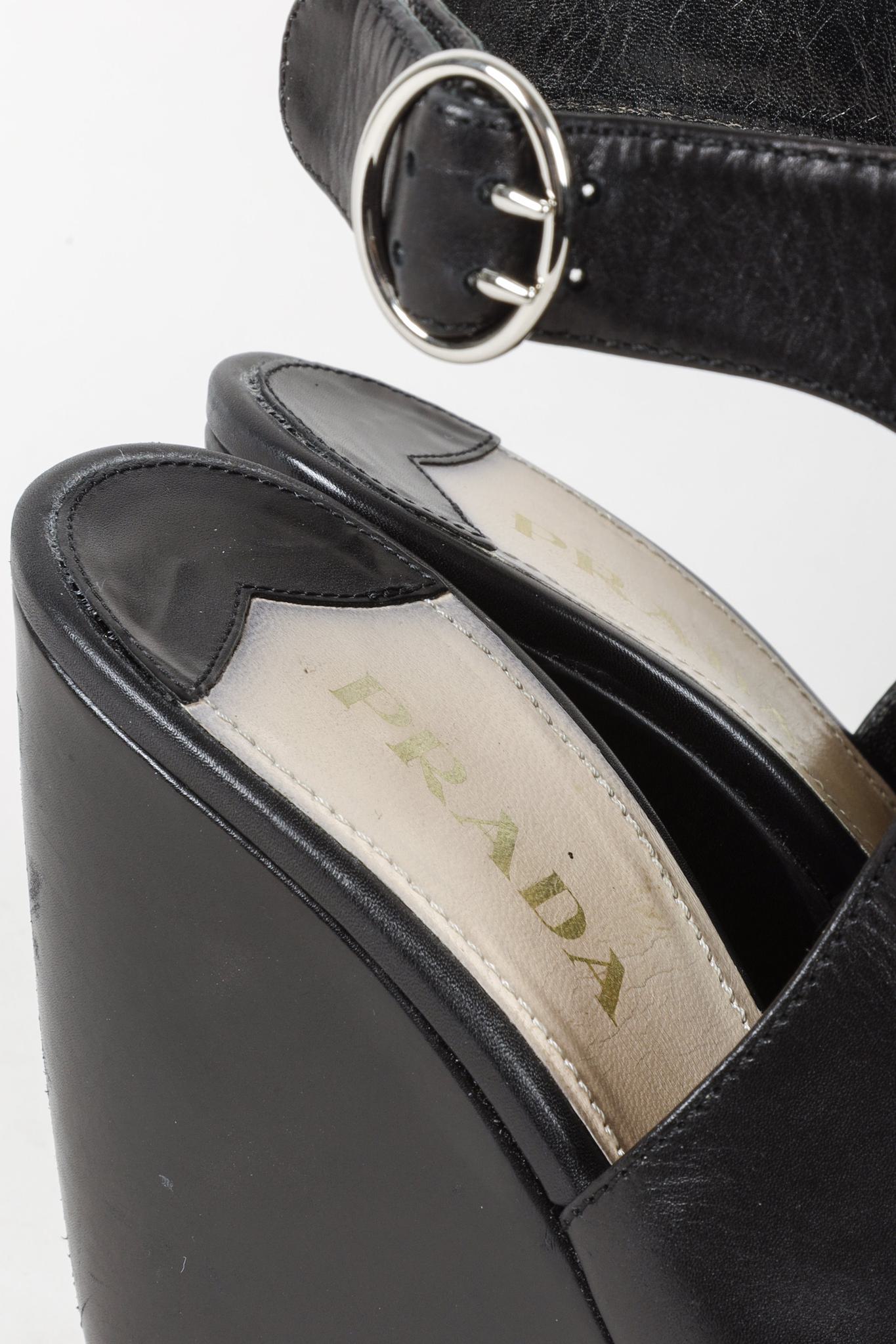 Prada Black Leather Peep-Toe Platform Sandals