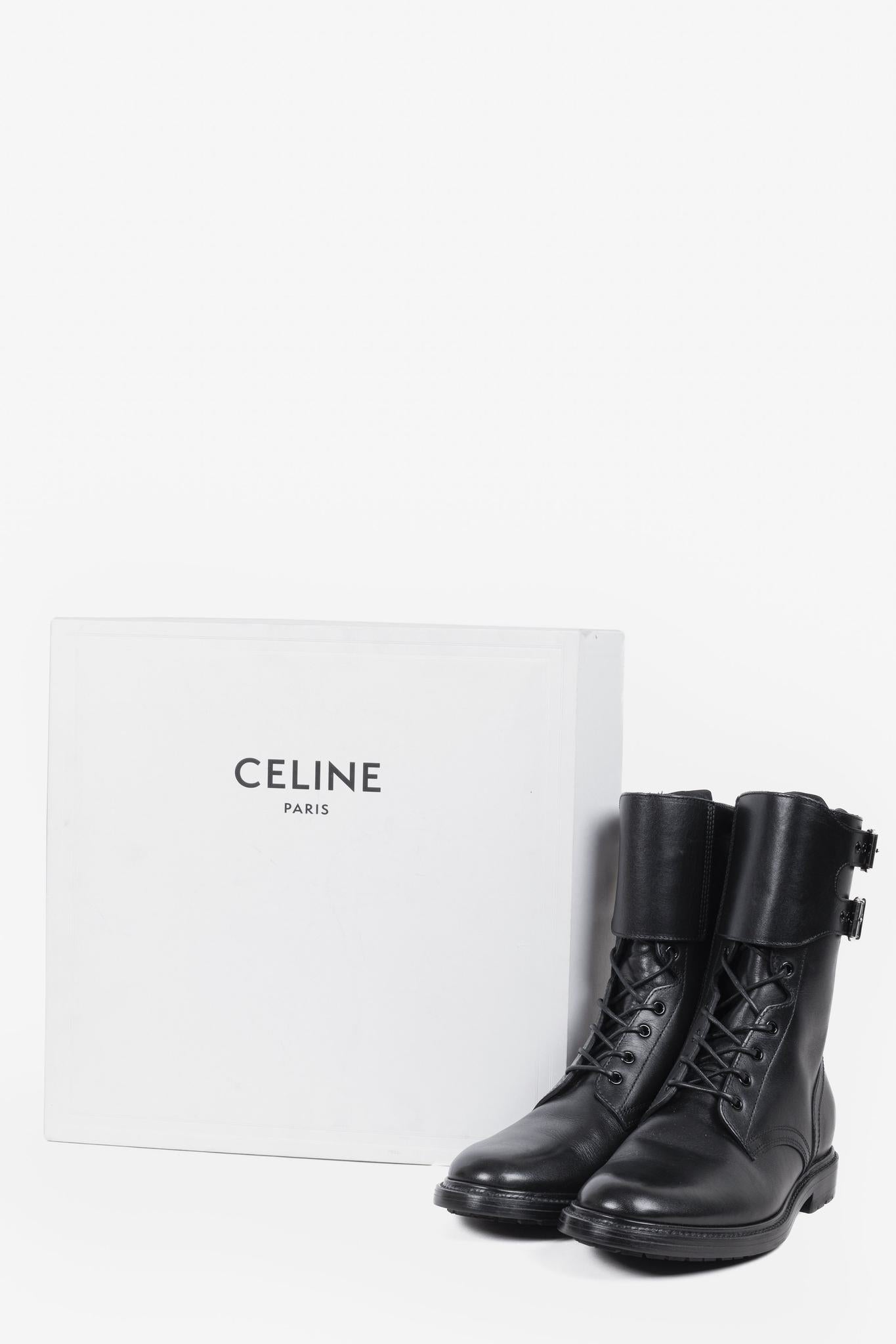 Celine Black Calf Leather Combat Boots with Buckles