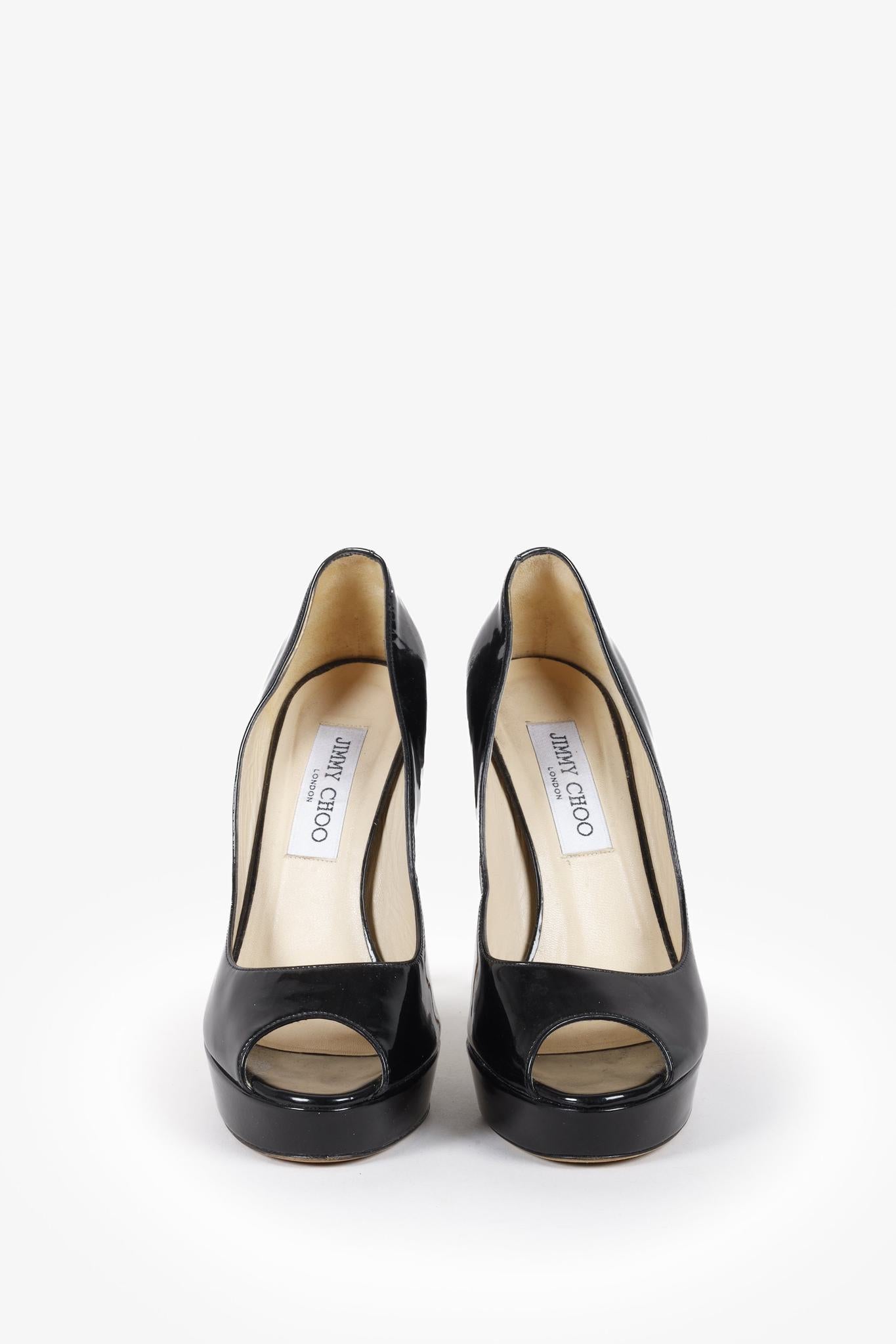 Jimmy Choo Black Patent Leather Peep Toe Platform Pumps