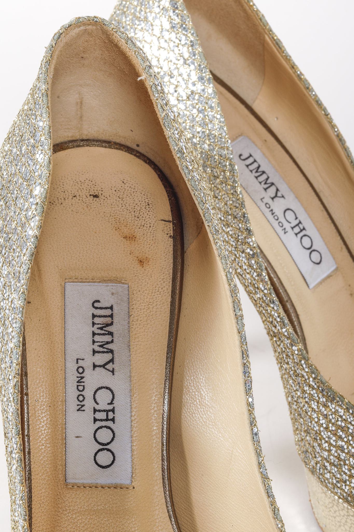 Jimmy Choo Silver Glitter Peep Toe Pumps