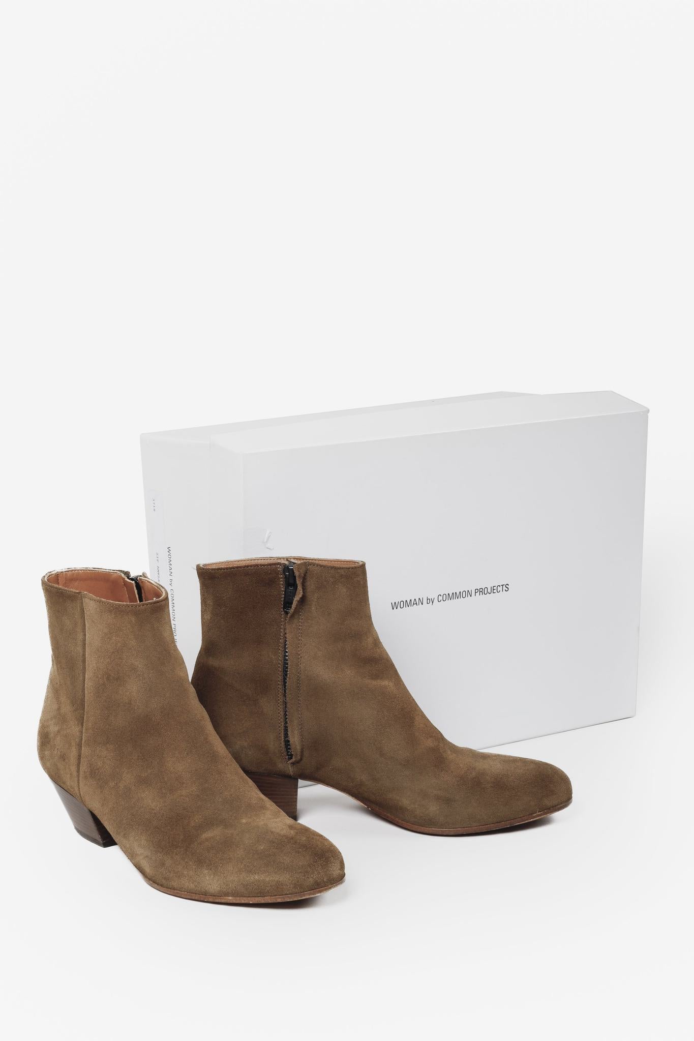 Woman by Common Projects Suede Tobacco Brown Zip Ankle Boots