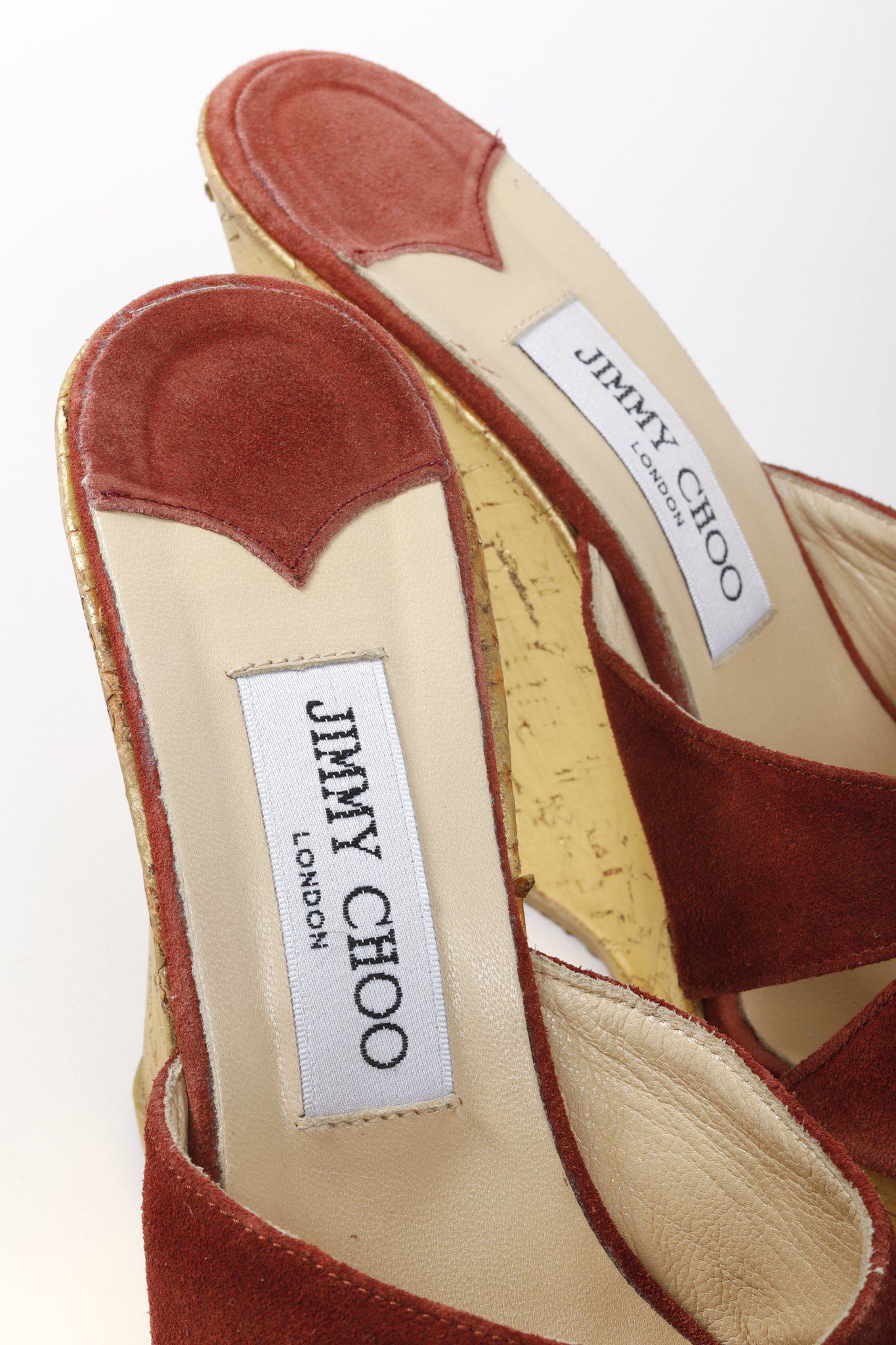 Jimmy Choo Burgundy Suede Gilded Cork Wedge Sandal
