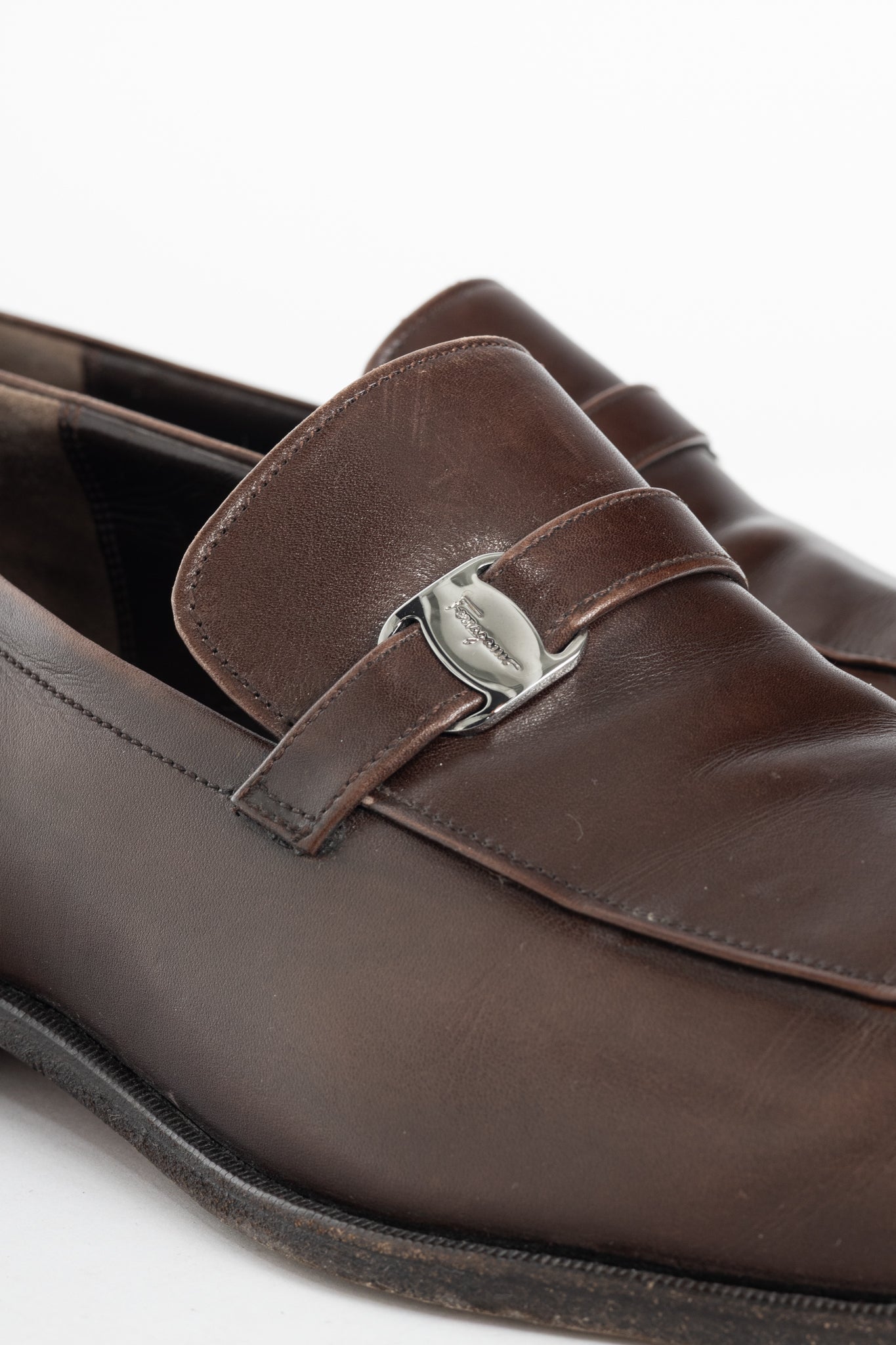 Salvatore Ferragamo Brown Leather Logo-Strap Loafers