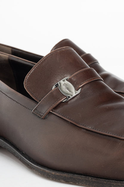 Salvatore Ferragamo Brown Leather Logo-Strap Loafers