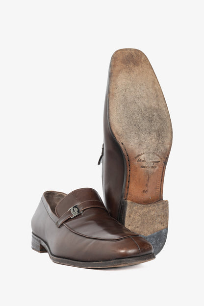 Salvatore Ferragamo Brown Leather Logo-Strap Loafers