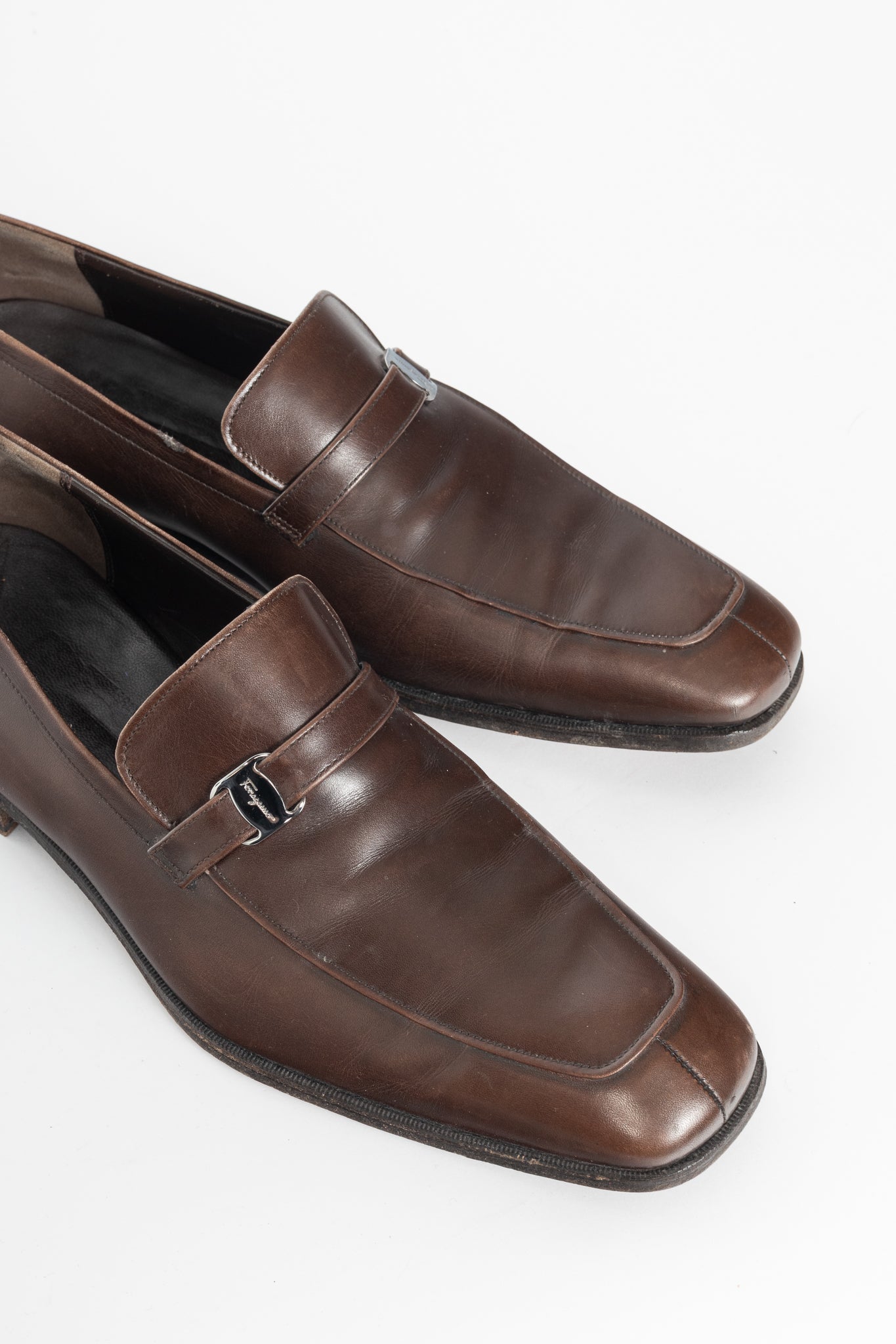 Salvatore Ferragamo Brown Leather Logo-Strap Loafers
