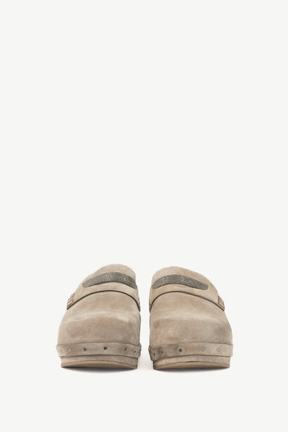Brunello Cucinelli Grey Suede Monili-Bead Mule Clogs