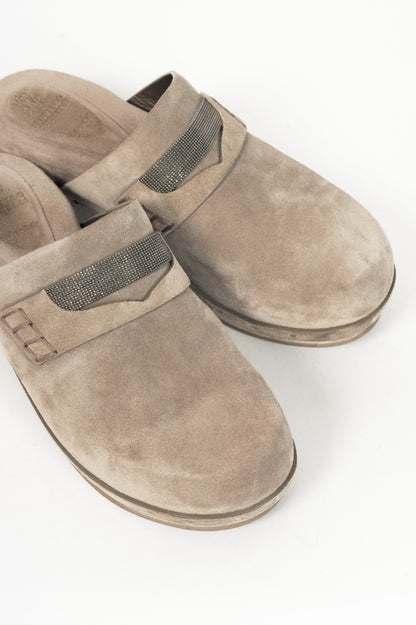 Brunello Cucinelli Grey Suede Monili-Bead Mule Clogs