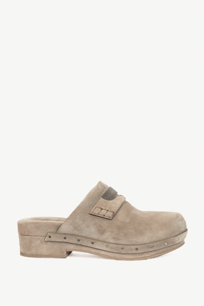 Brunello Cucinelli Grey Suede Monili-Bead Mule Clogs