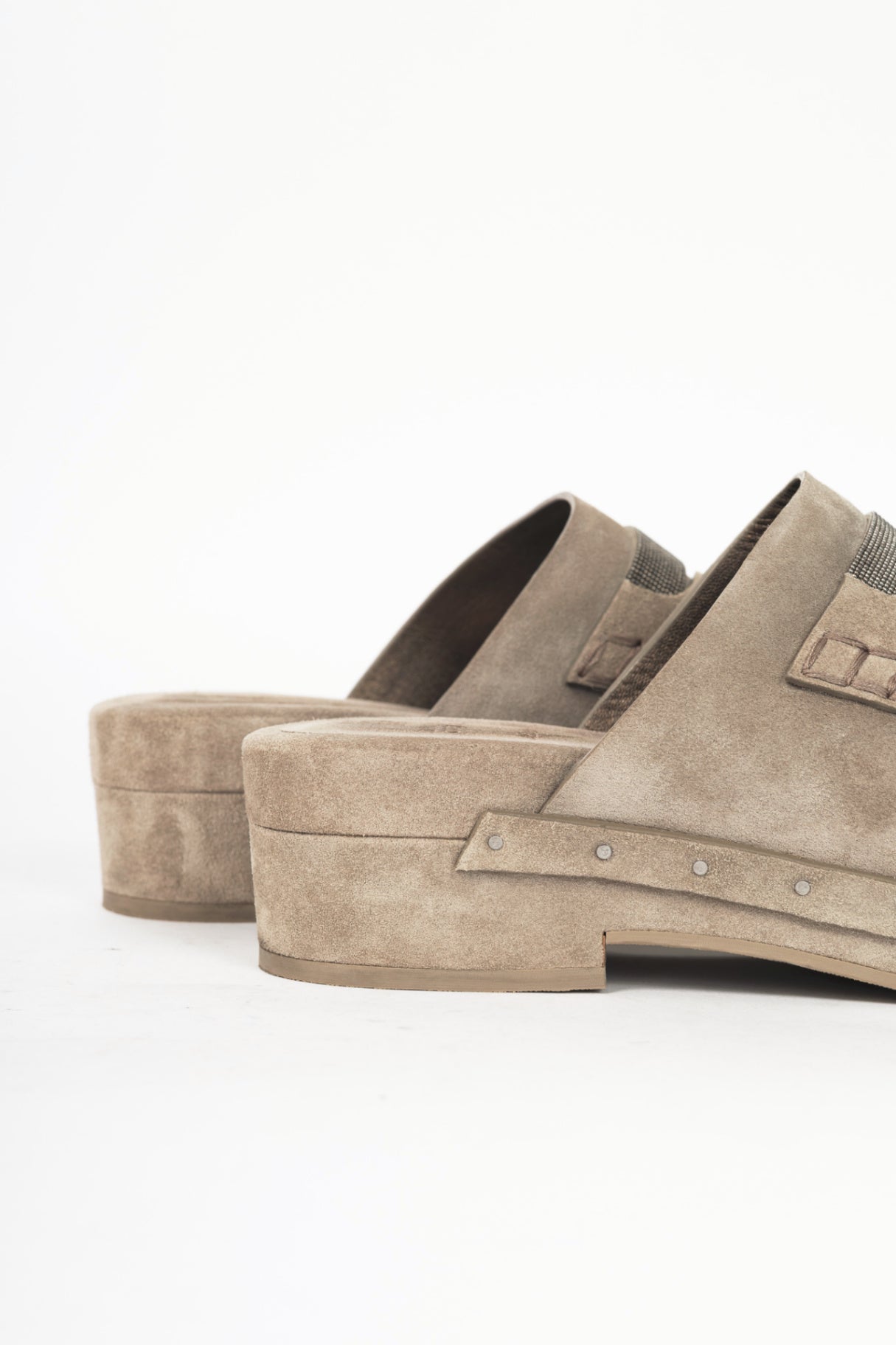 Brunello Cucinelli Grey Suede Monili-Bead Mule Clogs