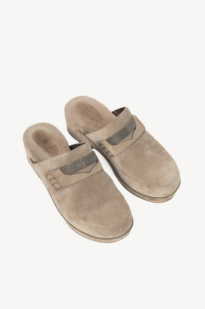 Brunello Cucinelli Grey Suede Monili-Bead Mule Clogs