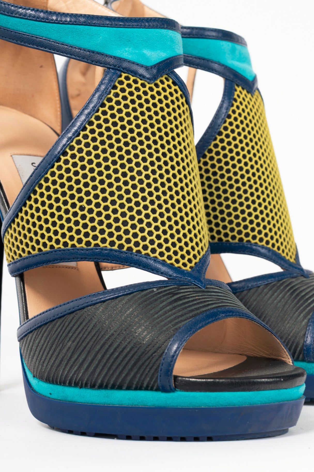 Jimmy Choo Lythe Black & Acid Yellow Embossed Leather & Honeycomb Suede Sandals