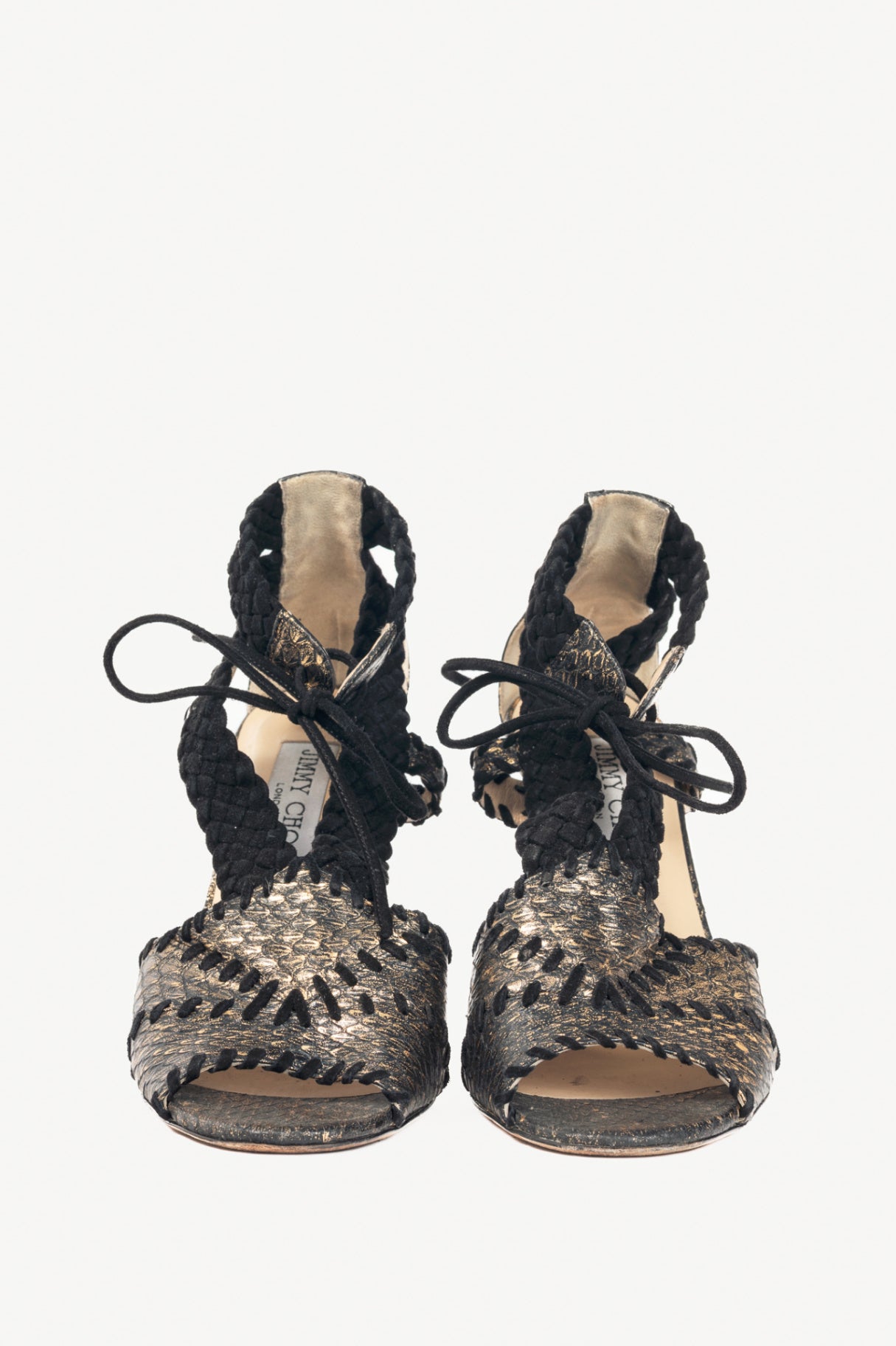 Jmmy Choo Gold Metallic Snake-Embossed Braided-Strap Sandals