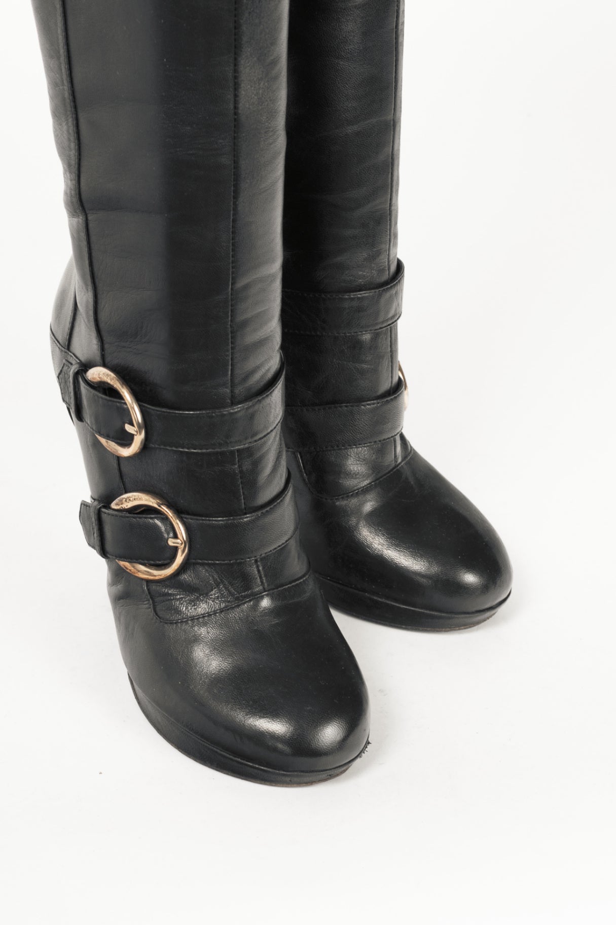 Versace Black Leather Multi-Buckle Knee-High Boots