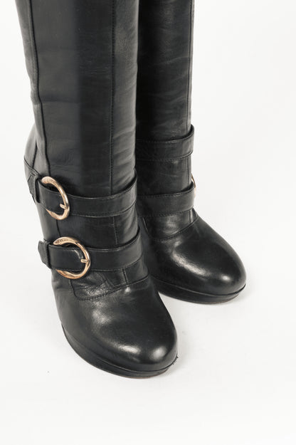 Versace Black Leather Multi-Buckle Knee-High Boots