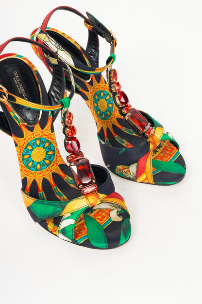Dolce & Gabbana SS13 Multi-Print Silk Embellished T-Strap Sandals