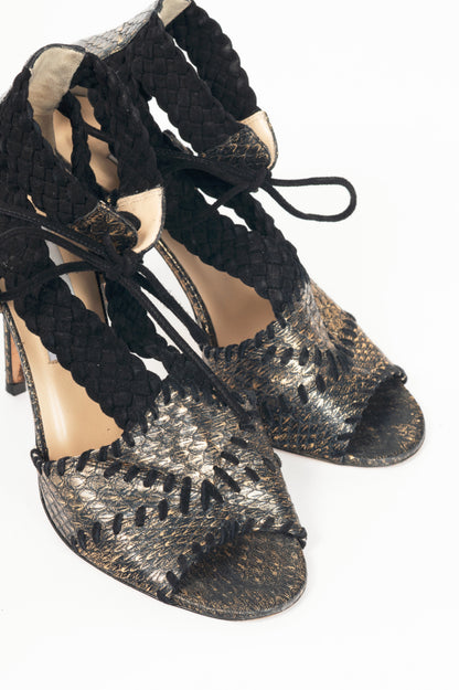 Jmmy Choo Gold Metallic Snake-Embossed Braided-Strap Sandals