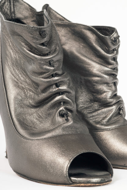 Manolo Blahnik Repiroz Anthracite Nappa Silk Ruched Peep-Toe Booties