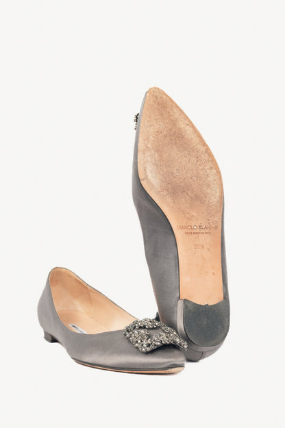 Manolo Blahnik Hangisi Grey Satin Jewel-Buckle Flats