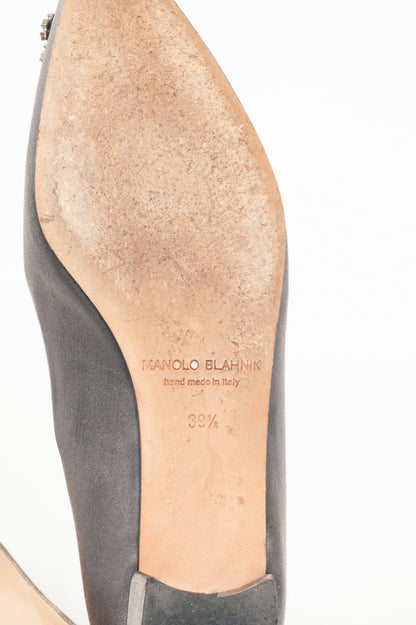 Manolo Blahnik Hangisi Grey Satin Jewel-Buckle Flats