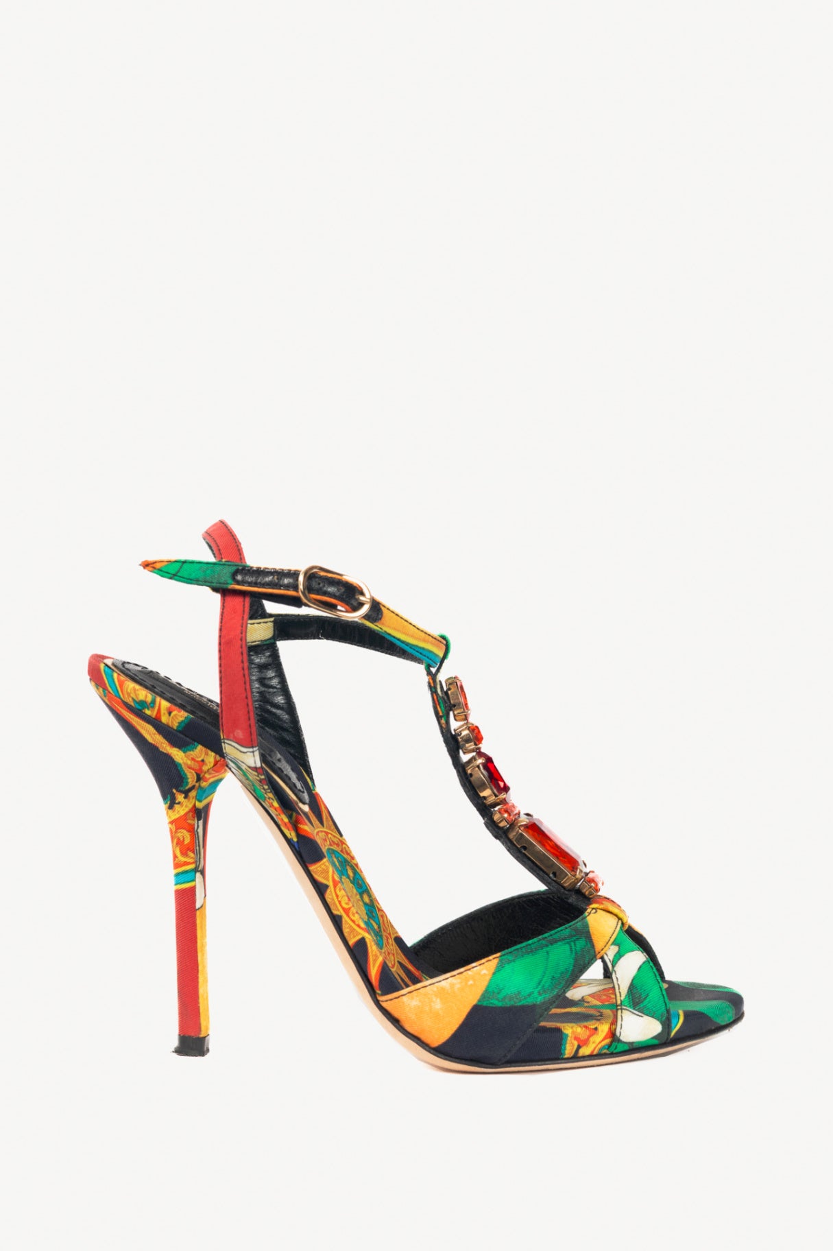 Dolce & Gabbana SS13 Multi-Print Silk Embellished T-Strap Sandals