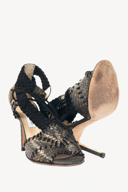 Jmmy Choo Gold Metallic Snake-Embossed Braided-Strap Sandals