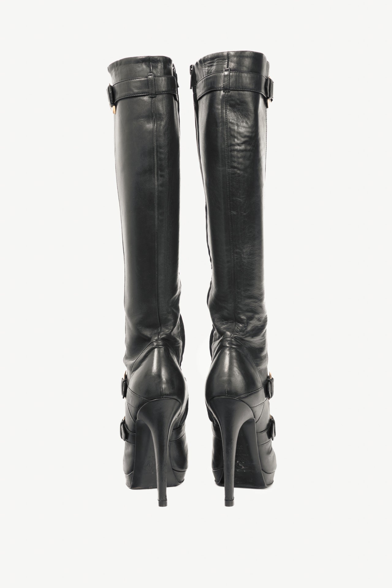 Versace Black Leather Multi-Buckle Knee-High Boots