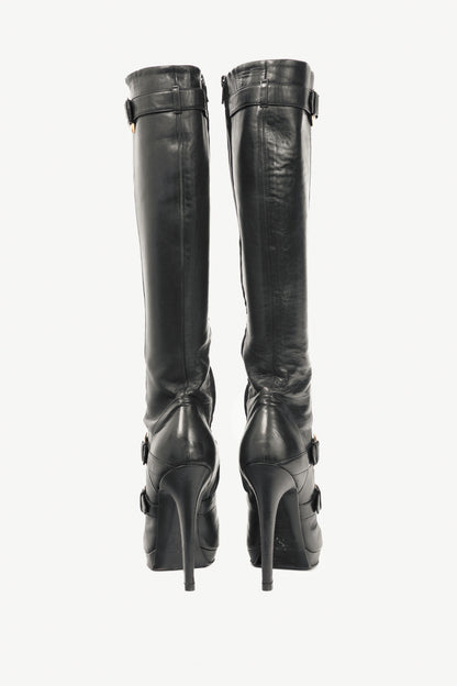 Versace Black Leather Multi-Buckle Knee-High Boots