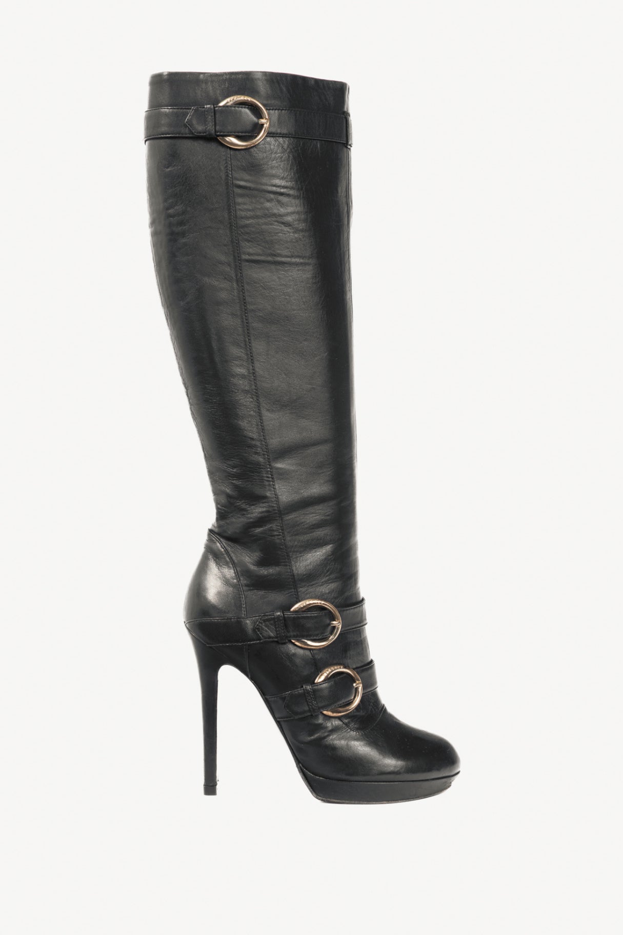 Versace Black Leather Multi-Buckle Knee-High Boots