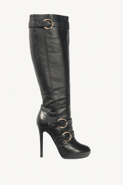 Versace Black Leather Multi-Buckle Knee-High Boots