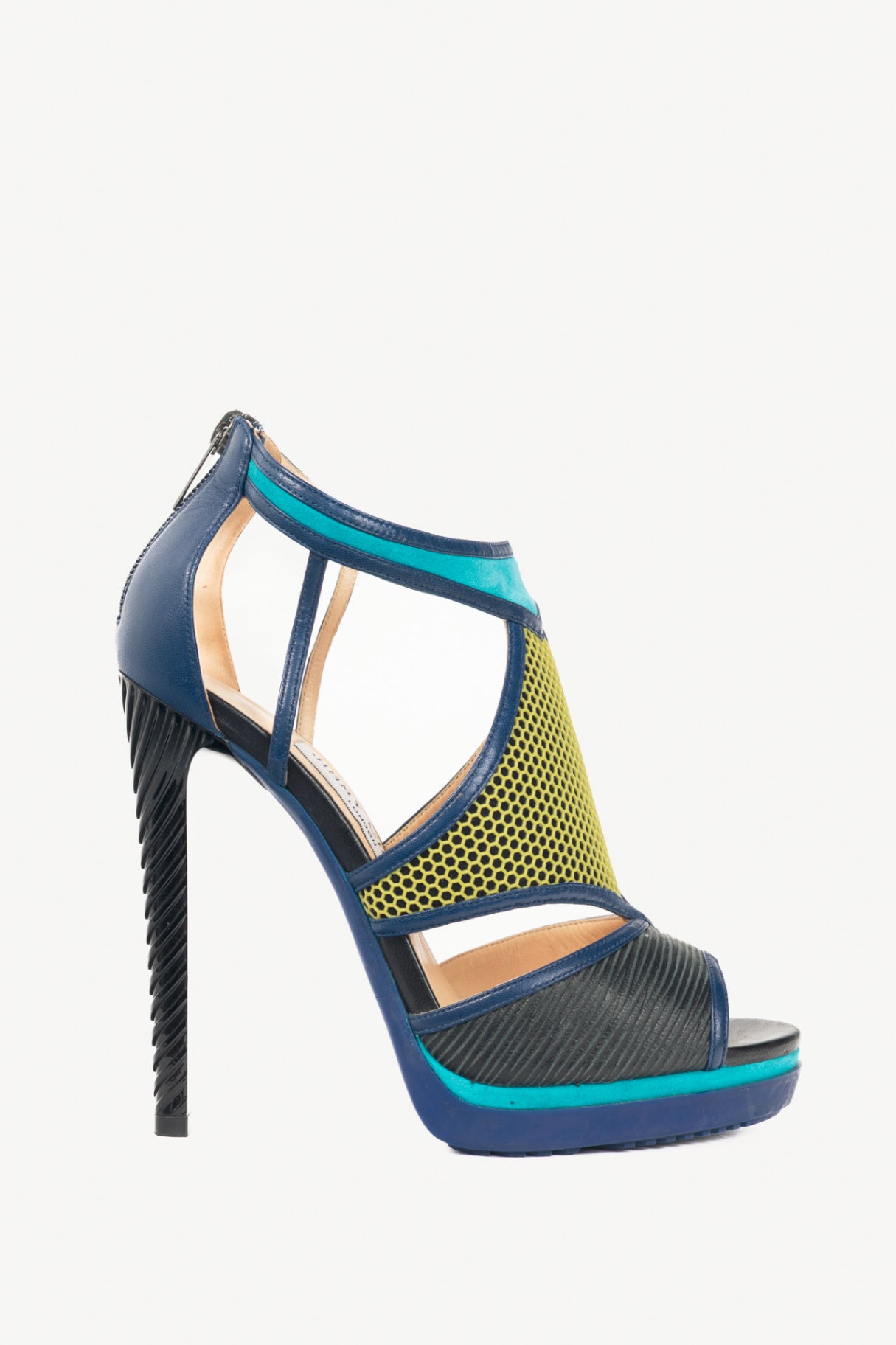 Jimmy Choo Lythe Black & Acid Yellow Embossed Leather & Honeycomb Suede Sandals
