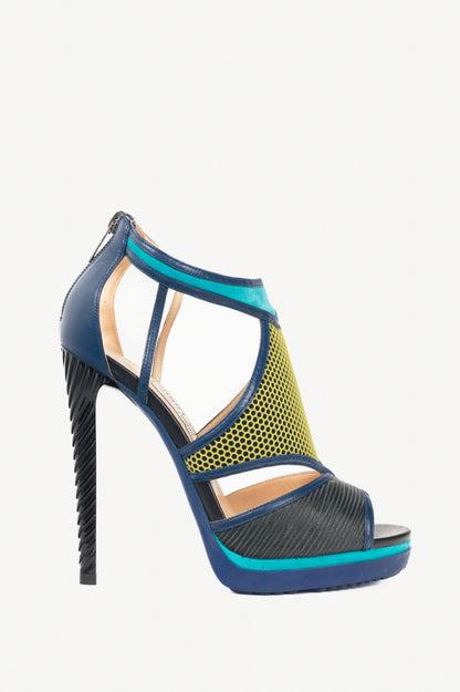 Jimmy Choo Lythe Black & Acid Yellow Embossed Leather & Honeycomb Suede Sandals