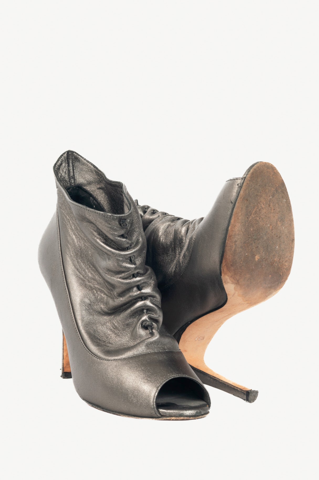 Manolo Blahnik Repiroz Anthracite Nappa Silk Ruched Peep-Toe Booties
