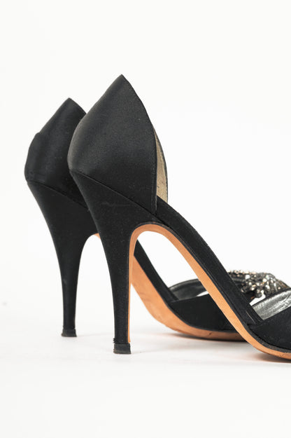 Giuseppe Zanotti Black Silk-Satin Crystal-Embellished Peep-Toe Heels